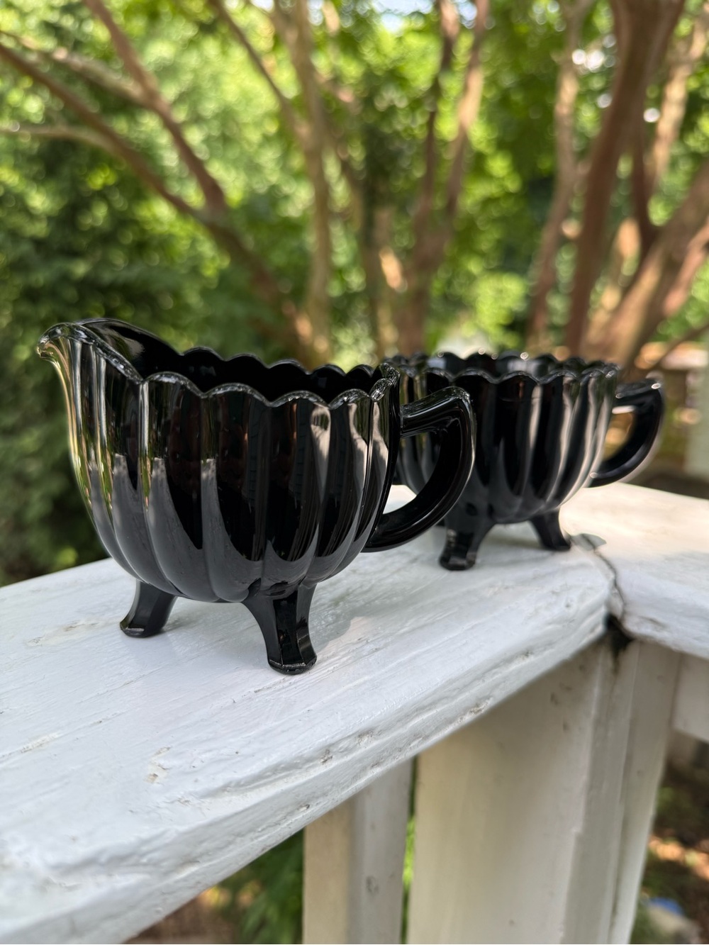 Imperial Black Glass Pillar Flute Creamer & Sugar ✨with Inclusions✨ see notes